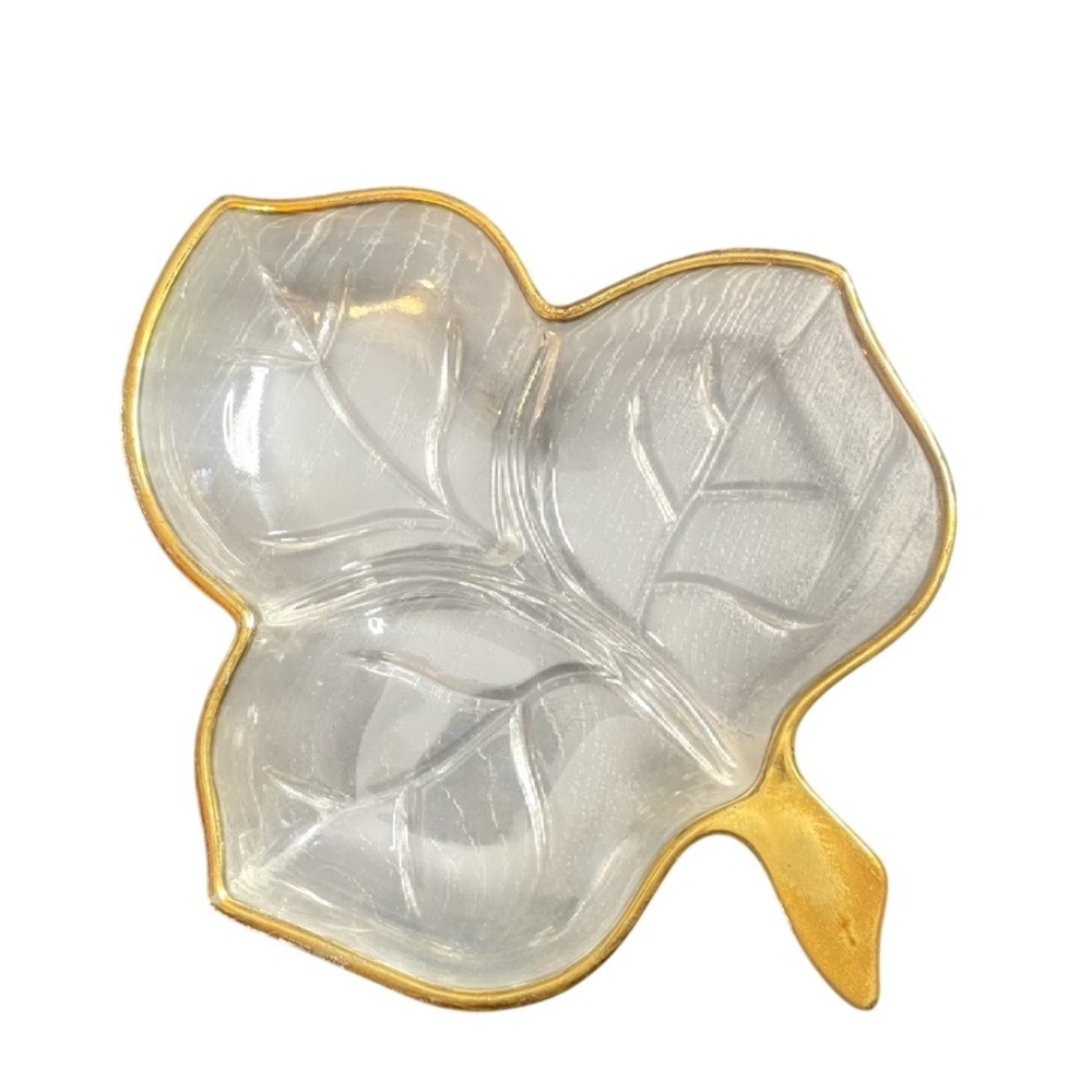 Vintage Gold Clear Glass Leaf Trinket Dish Botanical Jewelry Catchall Tray